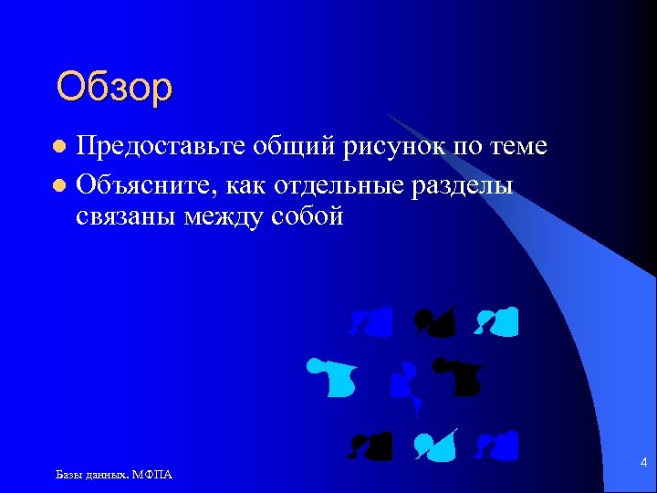 Обзор Предоставьте общий рисунок по теме l Объясните, как отдельные разделы связаны между собой