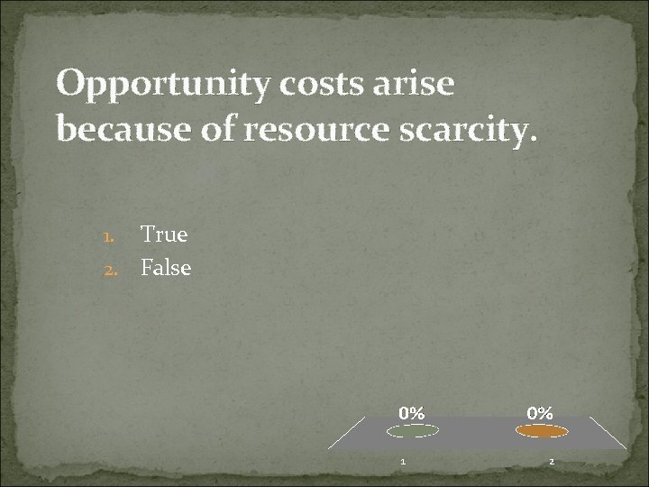 Opportunity costs arise because of resource scarcity. True 2. False 1. 