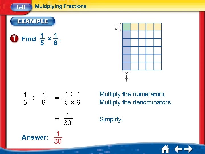 6 -8 Multiplying Fractions Find 1 1 ×. 5 6 1 × 1 6