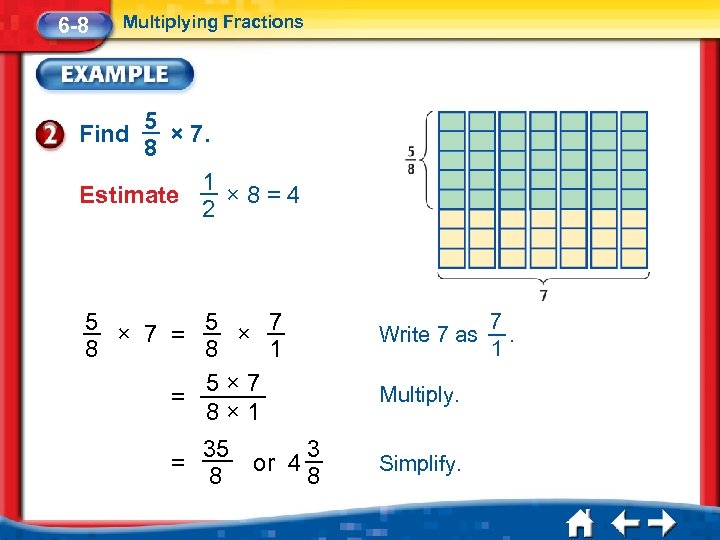 6 -8 Multiplying Fractions 5 × 7. 8 1 Estimate × 8=4 2 Find