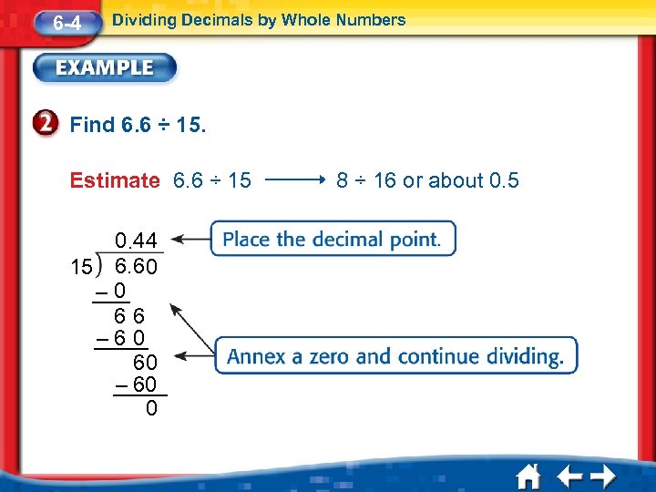 6 -4 Dividing Decimals by Whole Numbers Find 6. 6 ÷ 15. Estimate 6.