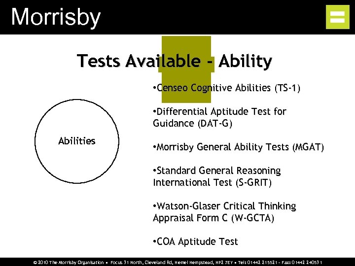 Morrisby Tests Available - Ability • Censeo Cognitive Abilities (TS-1) • Differential Aptitude Test