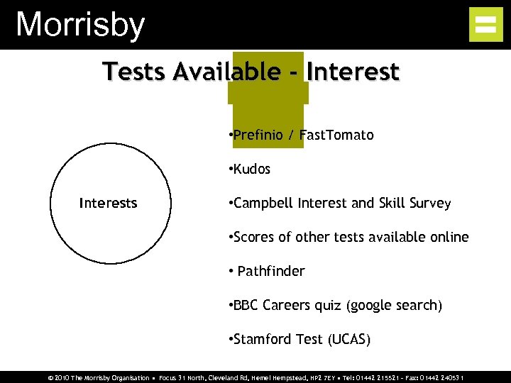 Morrisby Tests Available - Interest • Prefinio / Fast. Tomato • Kudos Interests •