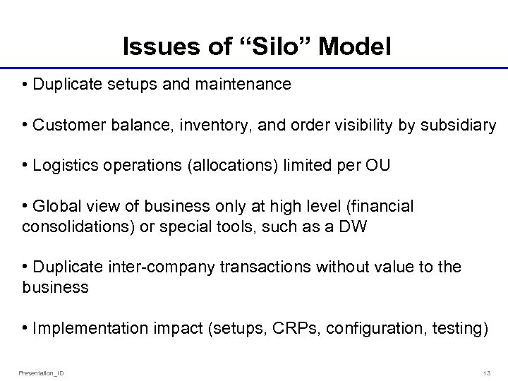 Issues of “Silo” Model • Duplicate setups and maintenance • Customer balance, inventory, and