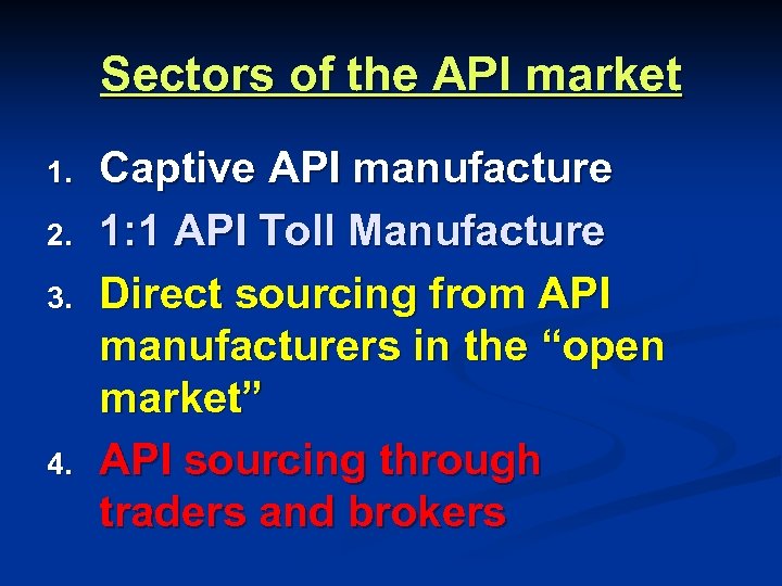 Sectors of the API market 1. 2. 3. 4. Captive API manufacture 1: 1