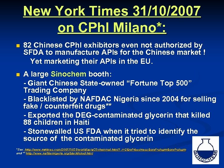 New York Times 31/10/2007 on CPh. I Milano*: n 82 Chinese CPh. I exhibitors