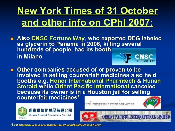 New York Times of 31 October and other info on CPh. I 2007: n