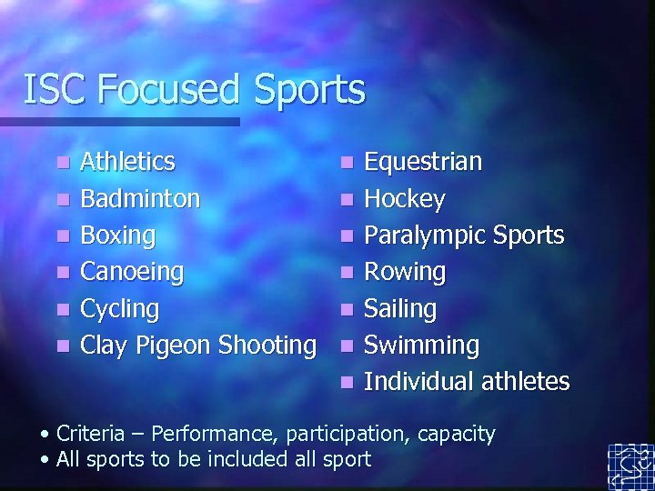 ISC Focused Sports n n n Athletics Badminton Boxing Canoeing Cycling Clay Pigeon Shooting