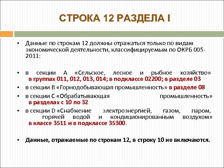 СТРОКА 12 РАЗДЕЛА I • Данные по строкам 12 должны отражаться только по видам