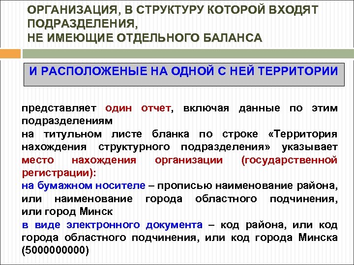 ОРГАНИЗАЦИЯ, В СТРУКТУРУ КОТОРОЙ ВХОДЯТ ПОДРАЗДЕЛЕНИЯ, НЕ ИМЕЮЩИЕ ОТДЕЛЬНОГО БАЛАНСА И РАСПОЛОЖЕНЫЕ НА ОДНОЙ