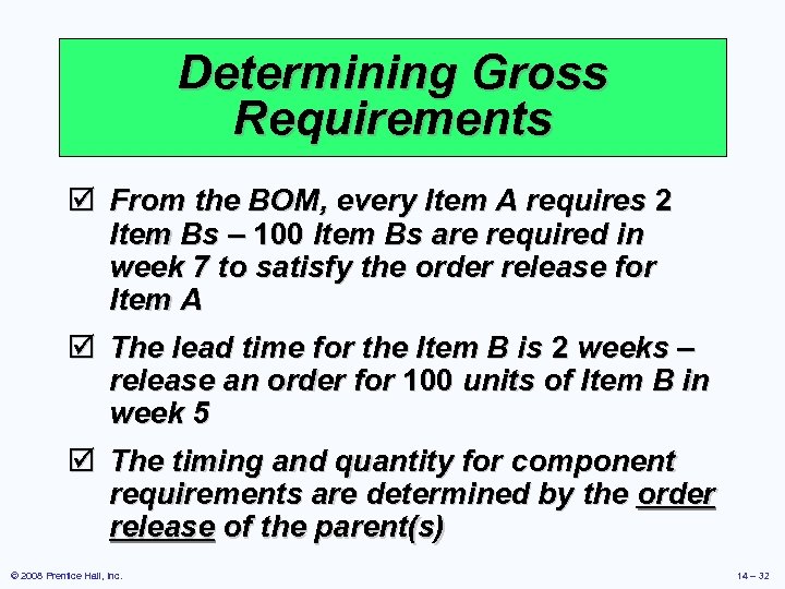 Determining Gross Requirements þ From the BOM, every Item A requires 2 Item Bs