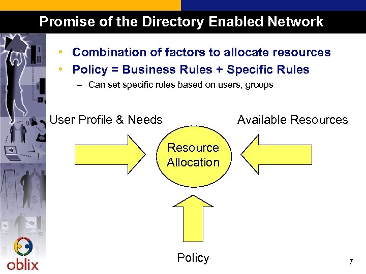 Promise of the Directory Enabled Network • Combination of factors to allocate resources •
