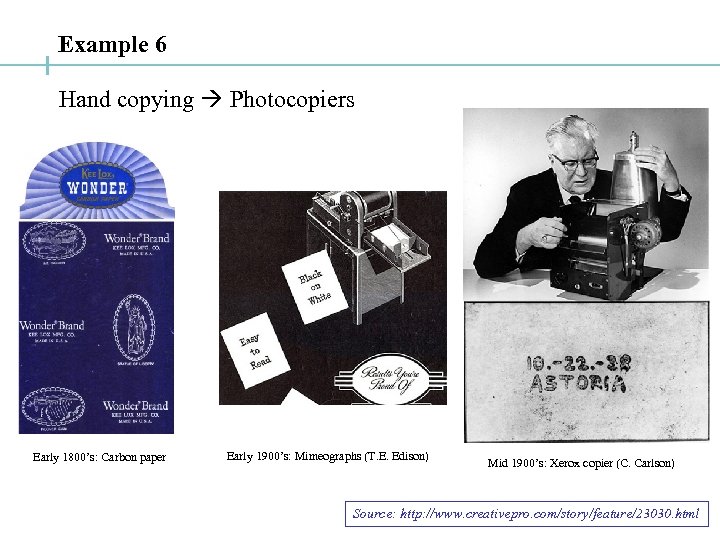 Example 6 Hand copying Photocopiers Early 1800’s: Carbon paper Early 1900’s: Mimeographs (T. E.