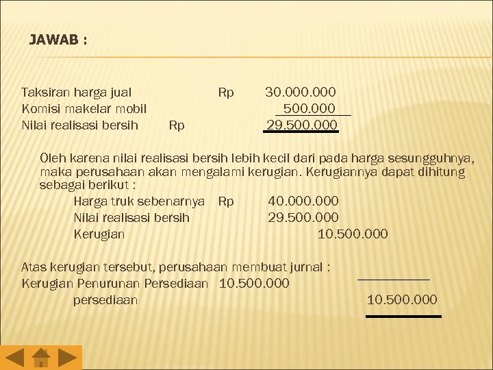 JAWAB : Taksiran harga jual Komisi makelar mobil Nilai realisasi bersih Rp Rp 30.