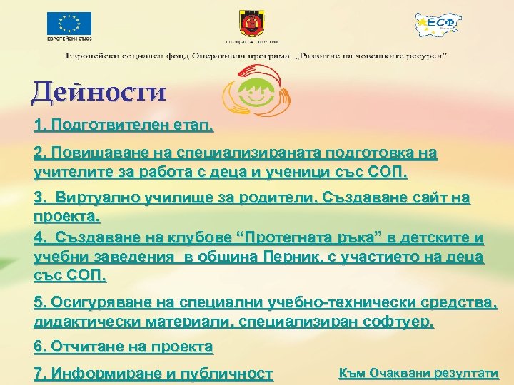 Дейности 1. Подготвителен етап. 2. Повишаване на специализираната подготовка на учителите за работа с