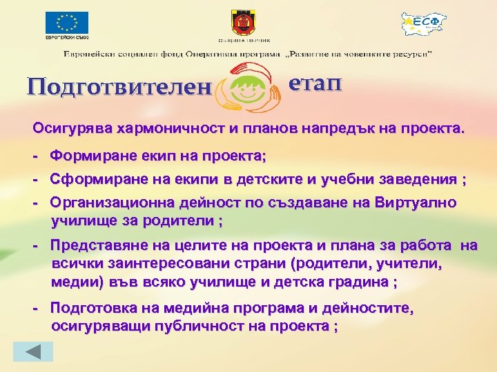 Подготвителен етап Осигурява хармоничност и планов напредък на проекта. - Формиране екип на проекта;