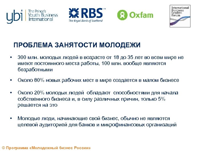ПРОБЛЕМА ЗАНЯТОСТИ МОЛОДЕЖИ • 300 млн. молодых людей в возрасте от 18 до 35