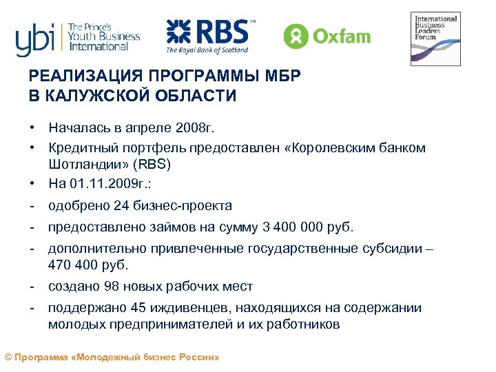 РЕАЛИЗАЦИЯ ПРОГРАММЫ МБР В КАЛУЖСКОЙ ОБЛАСТИ • Началась в апреле 2008 г. • Кредитный