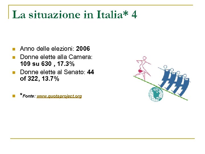 La situazione in Italia* 4 n n Anno delle elezioni: 2006 Donne elette alla