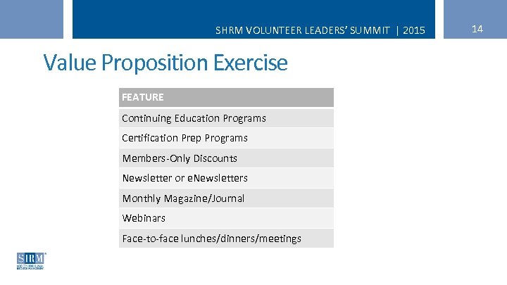 SHRM VOLUNTEER LEADERS’ SUMMIT | 2015 Value Proposition Exercise FEATURE Continuing Education Programs Certification