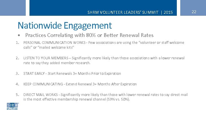 SHRM VOLUNTEER LEADERS’ SUMMIT | 2015 Nationwide Engagement • Practices Correlating with 80% or