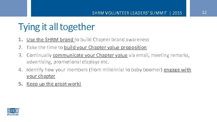SHRM VOLUNTEER LEADERS’ SUMMIT | 2015 Tying it all together 1. Use the SHRM