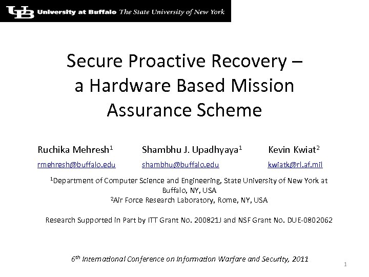 Secure Proactive Recovery – a Hardware Based Mission Assurance Scheme Ruchika Mehresh 1 Shambhu