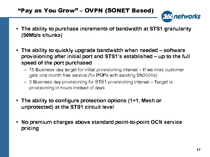 “Pay as You Grow” – OVPN (SONET Based) • The ability to purchase increments