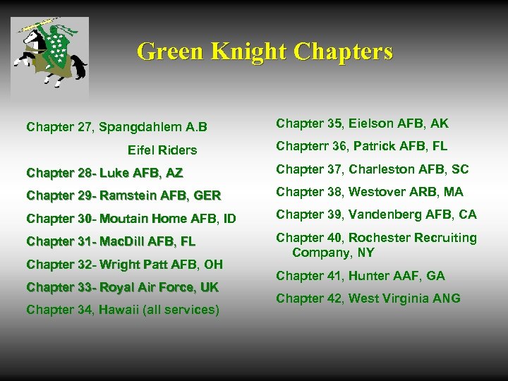 Green Knight Chapters Chapter 27, Spangdahlem A. B Eifel Riders Chapter 35, Eielson AFB,
