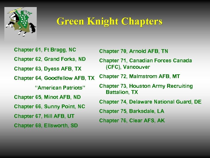 Green Knight Chapters Chapter 61, Ft Bragg, NC Chapter 70, Arnold AFB, TN Chapter