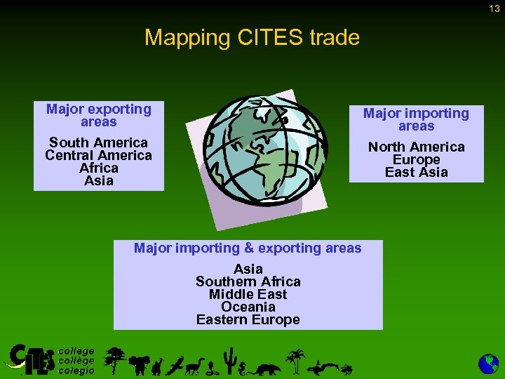 13 Mapping CITES trade Major exporting areas South America Central America Africa Asia Major