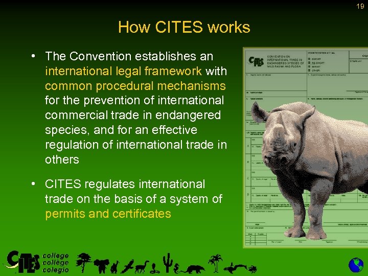 19 How CITES works • The Convention establishes an international legal framework with common