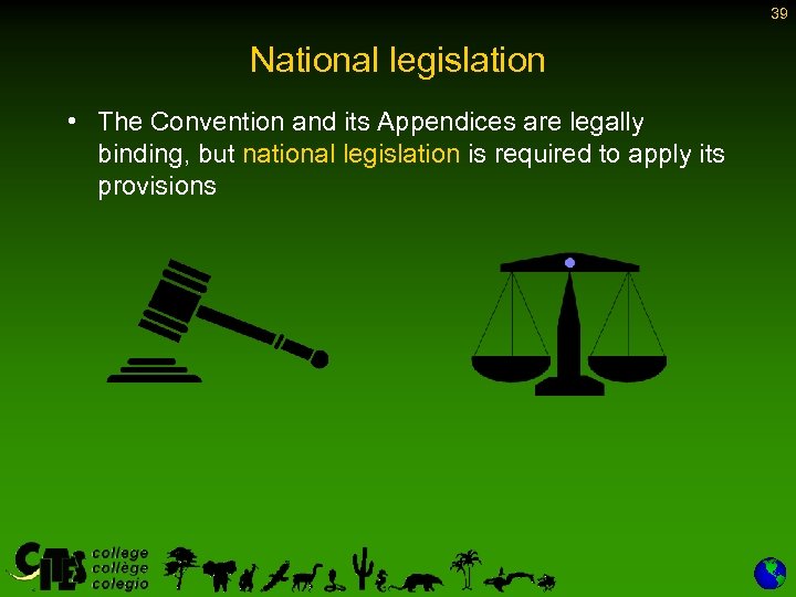 39 National legislation • The Convention and its Appendices are legally binding, but national