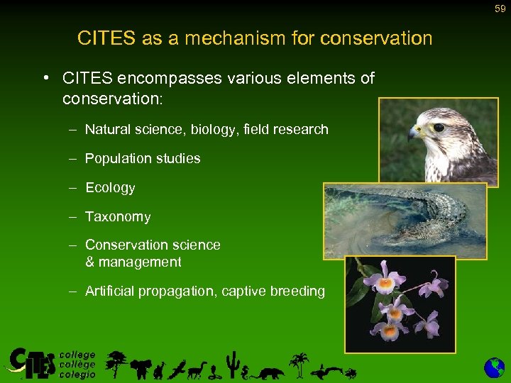 59 CITES as a mechanism for conservation • CITES encompasses various elements of conservation: