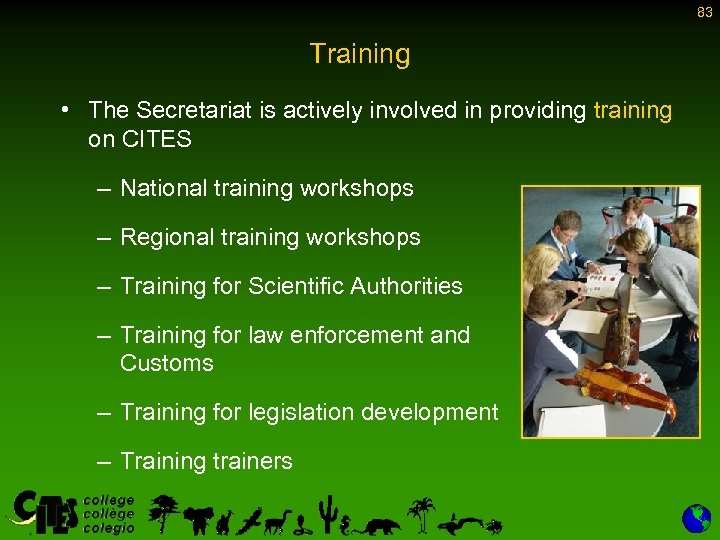83 Training • The Secretariat is actively involved in providing training on CITES –