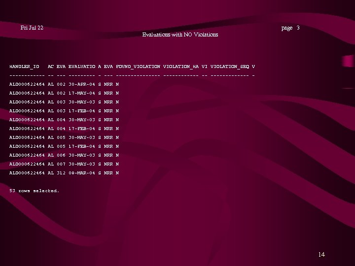 Fri Jul 22 page 3 Evaluations with NO Violations HANDLER_ID AC EVALUATIO A EVA