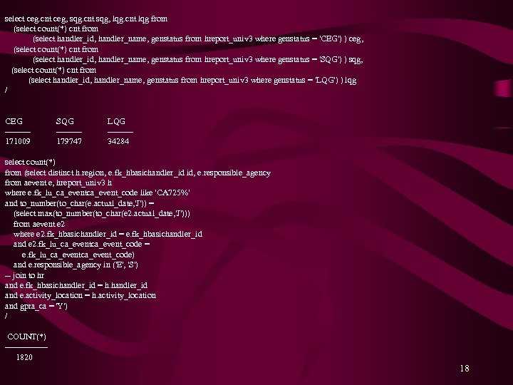 select ceg. cnt ceg, sqg. cnt sqg, lqg. cnt lqg from (select count(*) cnt