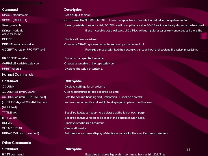 Input/Output Commands Command Description SPOOL filename. ext Send output to a file. SPOOL {OFF|OUT}