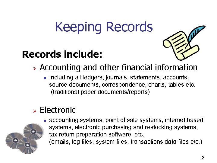 Keeping Records include: Ø Accounting and other financial information n Ø Including all ledgers,