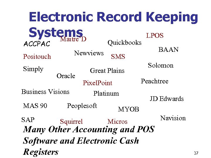 Electronic Record Keeping Systems LPOS Maitre’D Quickbooks ACCPAC Newviews Positouch Simply Oracle Business Visions