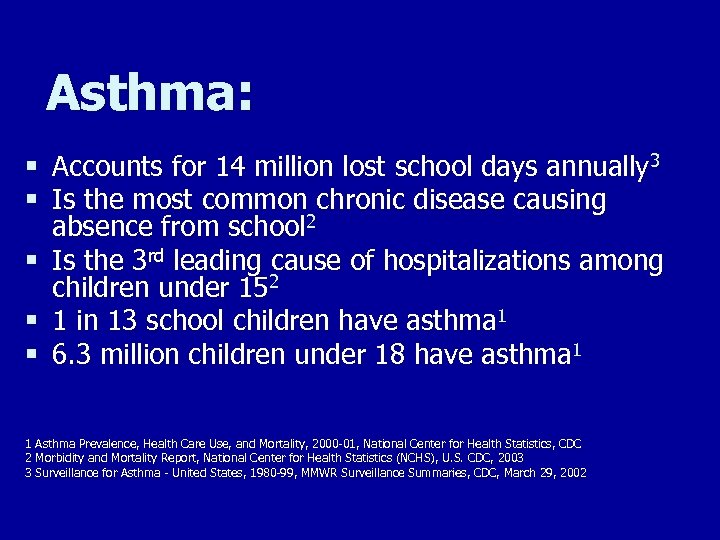 Asthma: § Accounts for 14 million lost school days annually 3 § Is the