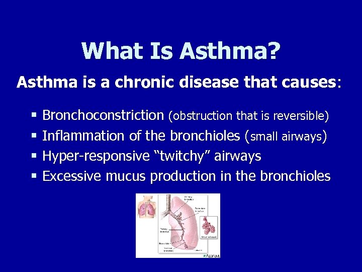What Is Asthma? Asthma is a chronic disease that causes: § Bronchoconstriction (obstruction that