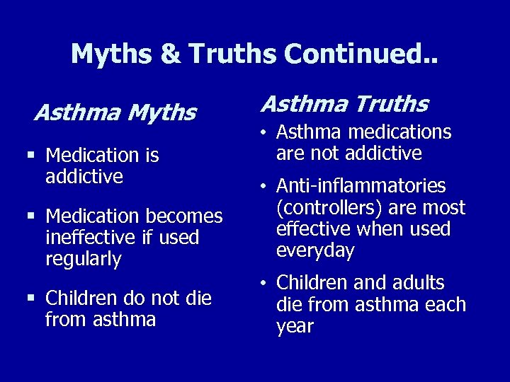 Myths & Truths Continued. . Asthma Myths § Medication is addictive Asthma Truths •