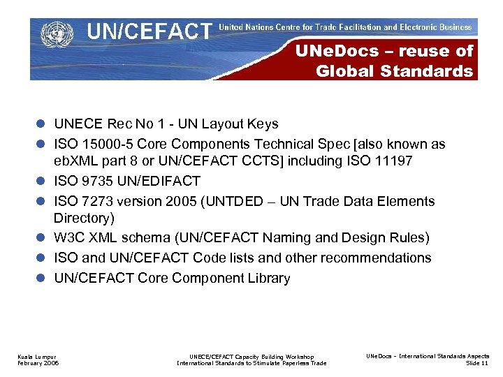 UNe. Docs – reuse of Global Standards l UNECE Rec No 1 - UN