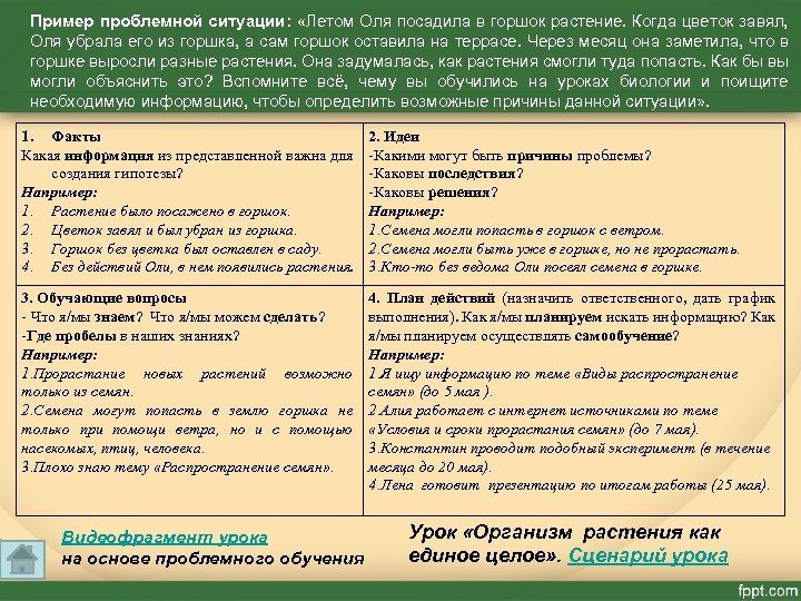 Пример проблемной ситуации: «Летом Оля посадила в горшок растение. Когда цветок завял, Оля убрала