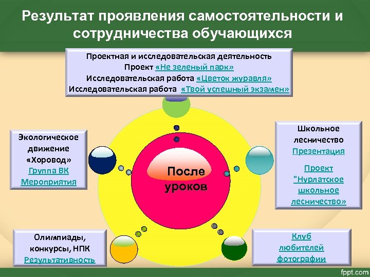 Результат проявления самостоятельности и сотрудничества обучающихся Проектная и исследовательская деятельность Проект «Не зеленый парк»