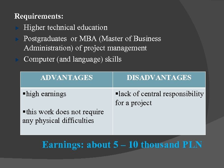 Requirements: Higher technical education Postgraduates or MBA (Master of Business Administration) of project management