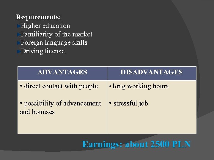 Requirements: Higher education Familiarity of the market Foreign language skills Driving license ADVANTAGES •