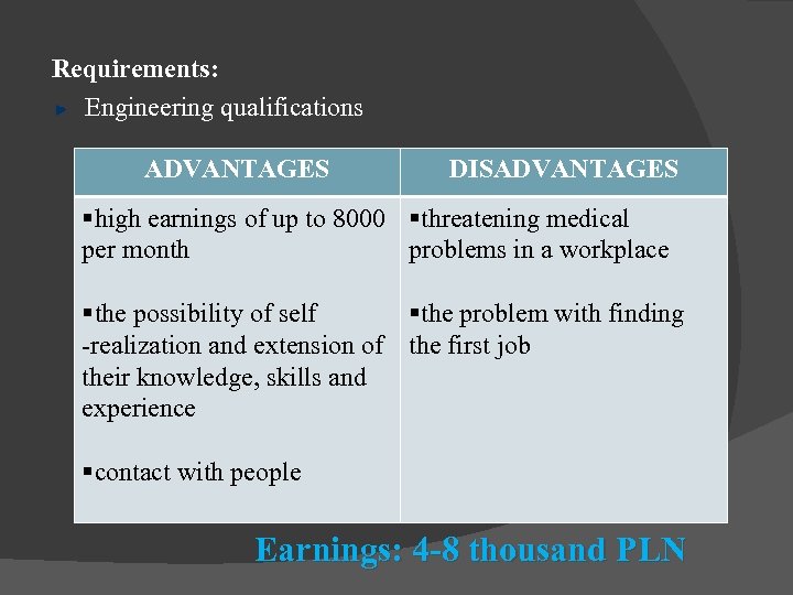 Requirements: Engineering qualifications ADVANTAGES DISADVANTAGES §high earnings of up to 8000 §threatening medical per