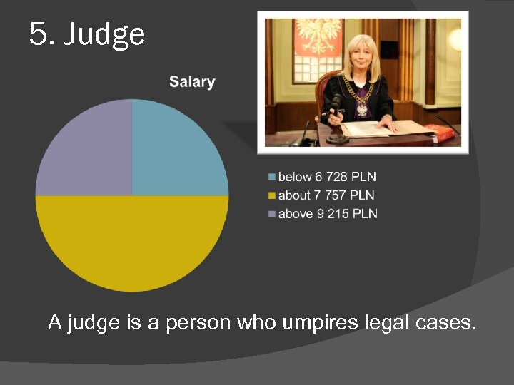 5. Judge A judge is a person who umpires legal cases. 